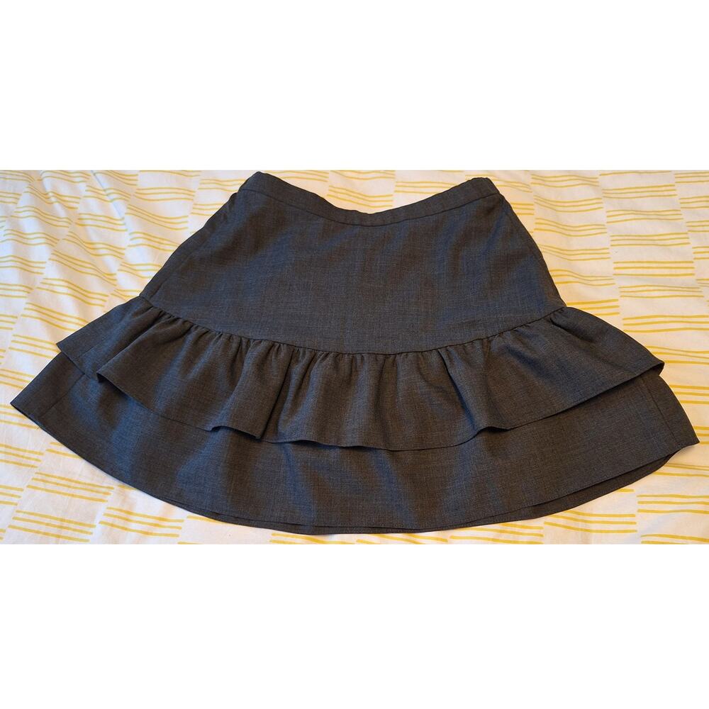 J CREW Ruffle 60% Wool Dressy Mini Skirt Elastic Waist Charcoal Gray 8P Preppy